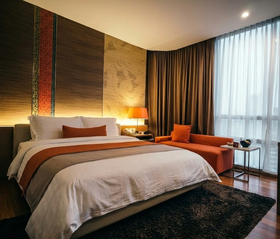 Guest room with king bed and city windows at Pathumwan Princess Hotel Bangkok