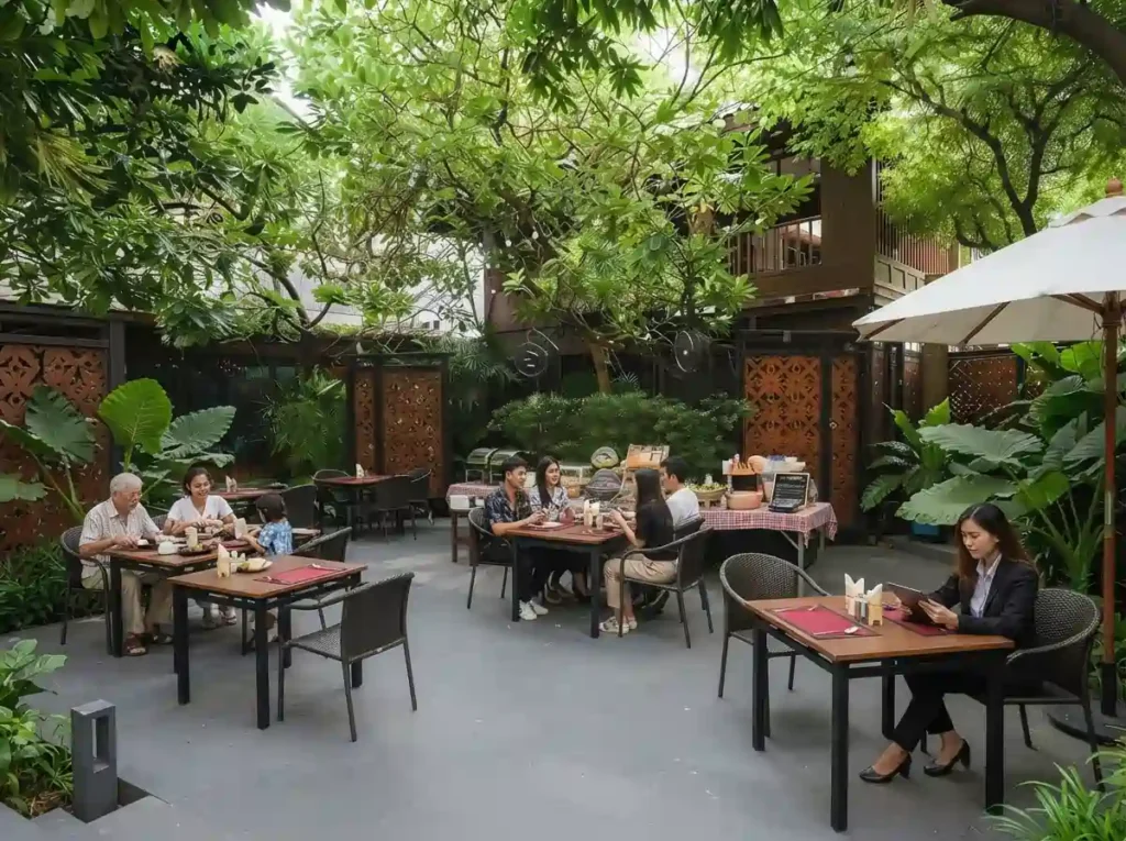 Outdoor garden dining area at Ruen Urai Fine Thai Cuisine Bangkok